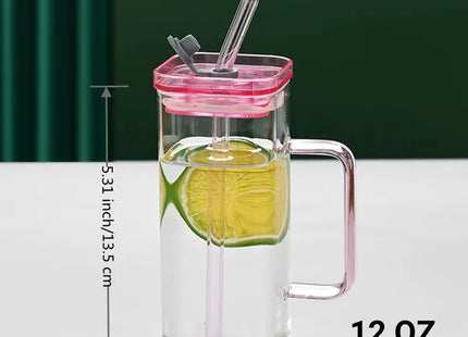 1 Pcs Blue Glass Straw Cup, 6 Colors Square Glass Cup With Straw And Lid, High Borosilicate Glass Cup, Milk Cup, Juice Cup, Cold Drink Cup, Coffee Cup, Tea Cup, Office Cup, Gift Cup