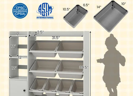 Kids Toy Organizer (Grey) - 44"x12"x39.5", 8 Storage Boxes, Open Shelves+Cabinet.