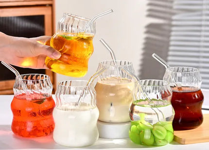 6 Pcs 19 Ounce Glass Straw Cup, Coffee Cup, Milk Cup, Juice Cup, Cold Drink Cup, Tea Cup, Water Cup, Office Cup, Striped Cloud Cup