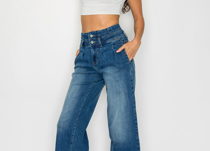 Women's Medium Blue Elastic Waist Jeans - Wide Leg Casual Denim