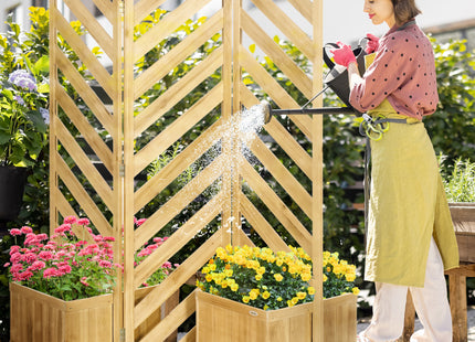 Decorative Outdoor Privacy Screen, Freestanding Divider/Separator with 4 Self-Draining Planters, 3 Trellis Plant Support Panels for Garden Walkway, Backyard, Natural Wood