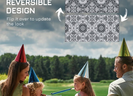 Outsunny Reversible Outdoor Rug, 9 X 18 Waterproof Plastic Straw Floor Mat, Portable RV Camping Carpet With Carry Bag, Large Floor Mat For Backyard, Deck, Picnic, Beach, Gray  White Floral