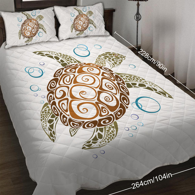 Sea Turtle Quilt Set Gold - Summer Lightweight Bedspread - Teen Beach Turtle Pattern - Soft Kids Teen Bed Coverlet Includes 1 Quilt And 2 Shams