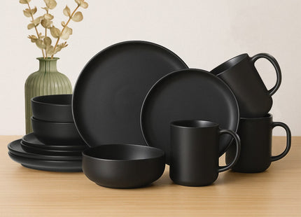 12-Piece Stoneware Dinnerware Sets With Mugs   Microwave & Dishwasher Safe    Non-Toxic Dinner Plates Bowls Set   Stackable Matte Glaze Kitchenware For 3,Black