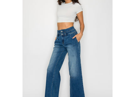 Women's Medium Blue Elastic Waist Jeans - Wide Leg Casual Denim