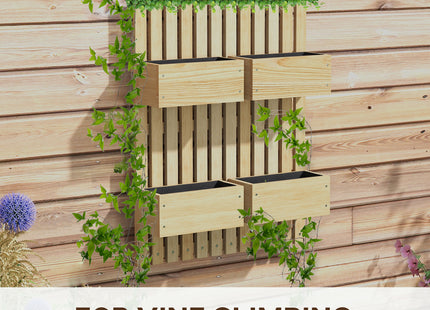 4 Box Raised Garden Bed w/ Trellis for Climbing Plants, Wall-Mounted Wood Planters w/ Drainage Holes, Natural