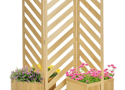 Decorative Outdoor Privacy Screen, Freestanding Divider/Separator with 4 Self-Draining Planters, 3 Trellis Plant Support Panels for Garden Walkway, Backyard, Natural Wood