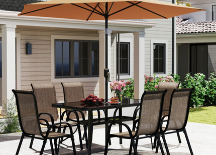 8 Pieces Patio Furniture Set with 9Ft Patio Umbrella, Outdoor Dining Table and Chairs, Light Mixed Brown