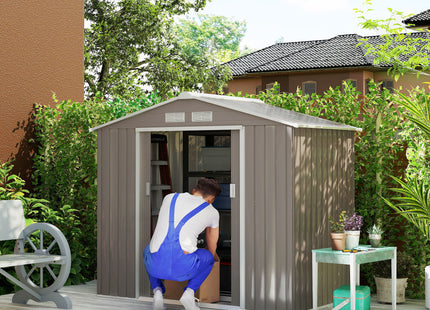7' x 4' x 6' Outdoor Storage Shed Metal Garden Tool Storage Shed with Sloped Roof - Gray / White