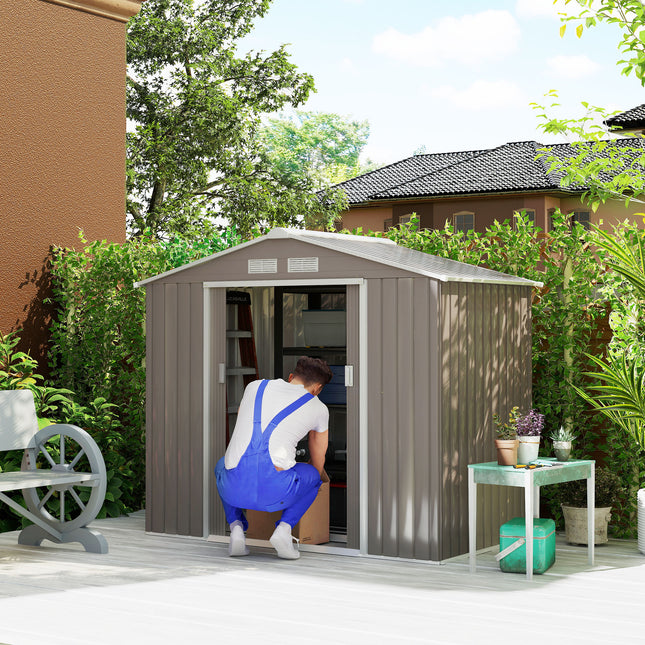 7' x 4' x 6' Outdoor Storage Shed Metal Garden Tool Storage Shed with Sloped Roof - Gray / White