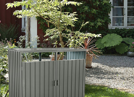 Garbage Bin Shed Stores 2 Trash Cans Metal Outdoor Bin Shed For Garbage Storage,Stainless Galvanized Steel, Bin Shed For Garden Yard Lawn,Grey