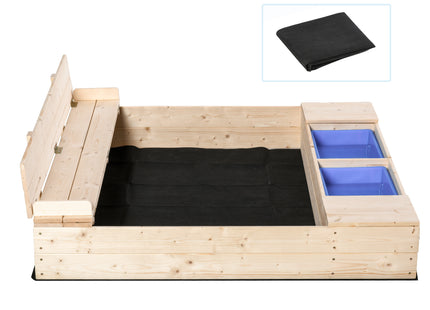 Kids Wooden Sandbox w/ Two Plastic Boxes Foldable Bench Seat Waterproof Cover Bottom Liner Storage Space