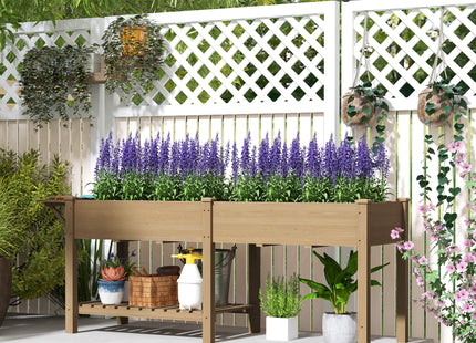 Wood Raised Garden Box, Elevated Garden Bed with Side Table, Bottom Shelf, Bed Liners and Drainage Holes, Carbonized