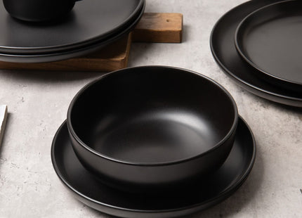 12-Piece Stoneware Dinnerware Sets With Mugs   Microwave & Dishwasher Safe    Non-Toxic Dinner Plates Bowls Set   Stackable Matte Glaze Kitchenware For 3,Black