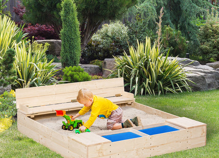Kids Wooden Sandbox w/ Two Plastic Boxes Foldable Bench Seat Waterproof Cover Bottom Liner Storage Space