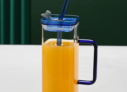 1 Pcs Blue Glass Straw Cup, 6 Colors Square Glass Cup With Straw And Lid, High Borosilicate Glass Cup, Milk Cup, Juice Cup, Cold Drink Cup, Coffee Cup, Tea Cup, Office Cup, Gift Cup