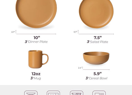 12-Piece Stoneware Dinnerware Sets With Mugs  Microwave & Dishwasher Safe Non-Toxic Dinner Plates Bowls Set  Stackable Matte Glaze Kitchenware For 3