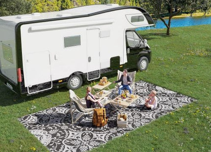 Outsunny Reversible Outdoor Rug, 9 X 18 Waterproof Plastic Straw Floor Mat, Portable RV Camping Carpet With Carry Bag, Large Floor Mat For Backyard, Deck, Picnic, Beach, Gray  White Floral