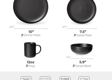 12-Piece Stoneware Dinnerware Sets With Mugs   Microwave & Dishwasher Safe    Non-Toxic Dinner Plates Bowls Set   Stackable Matte Glaze Kitchenware For 3,Black
