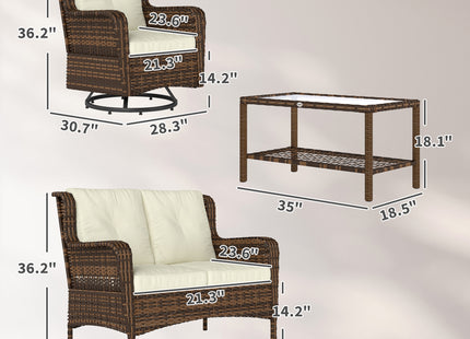 4 Piece Rattan Patio Furniture Set, Conversation Set with Swivel Glider Chairs Table Loveseat for Garden, Patio, Cream