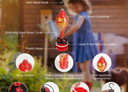 Glass Hummingbird Feeder 33OZ Hand Blown Hummingbird Feeder With 5 Flower Feeding Port Perch Ant Moat Hanging Hook S Hook Hemp Rope Cleaning Brush For Garden Backyard Decor