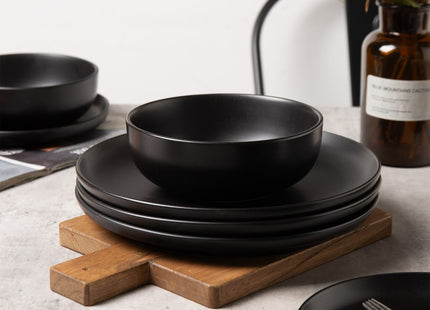 12-Piece Stoneware Dinnerware Sets With Mugs   Microwave & Dishwasher Safe    Non-Toxic Dinner Plates Bowls Set   Stackable Matte Glaze Kitchenware For 3,Black