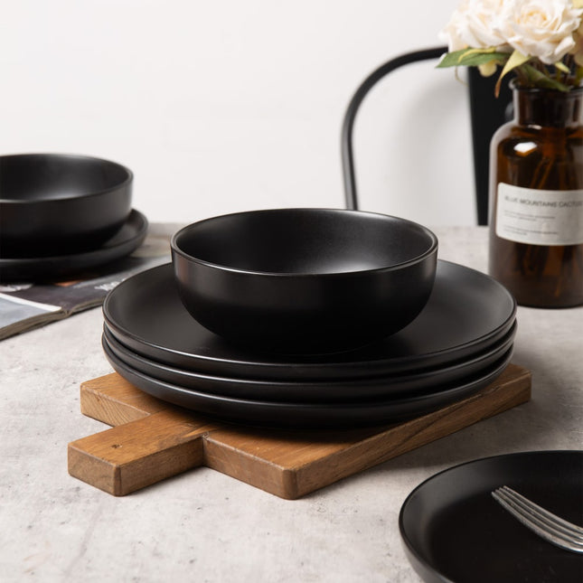 12-Piece Stoneware Dinnerware Sets With Mugs   Microwave & Dishwasher Safe    Non-Toxic Dinner Plates Bowls Set   Stackable Matte Glaze Kitchenware For 3,Black