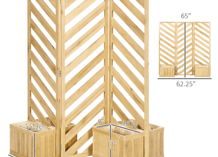 Decorative Outdoor Privacy Screen, Freestanding Divider/Separator with 4 Self-Draining Planters, 3 Trellis Plant Support Panels for Garden Walkway, Backyard, Natural Wood