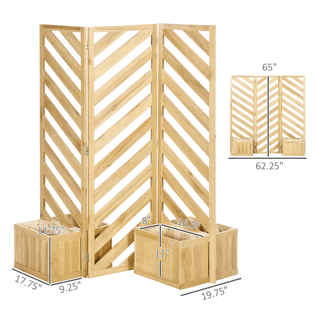 Decorative Outdoor Privacy Screen, Freestanding Divider/Separator with 4 Self-Draining Planters, 3 Trellis Plant Support Panels for Garden Walkway, Backyard, Natural Wood