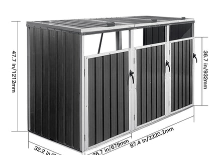 Garbage Bin Shed Stores 3 Trash Cans Metal Outdoor Bin Shed For Garbage Storage,Grey
