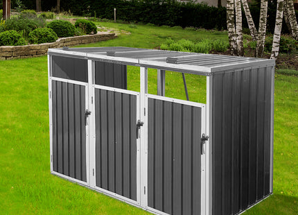 Garbage Bin Shed Stores 3 Trash Cans Metal Outdoor Bin Shed For Garbage Storage,Grey