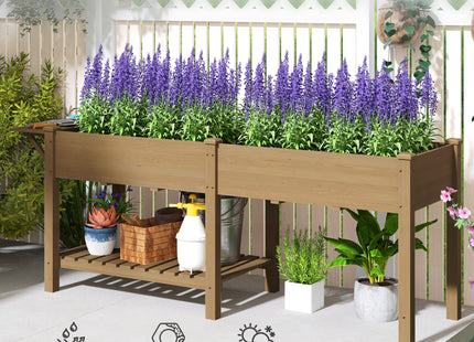 Wood Raised Garden Box, Elevated Garden Bed with Side Table, Bottom Shelf, Bed Liners and Drainage Holes, Carbonized