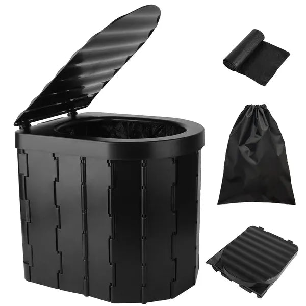 Portable Toilet Foldable Emergency Porta Potty With Lid Carry Bag 1 Roll Garbage Bags For Car Travel Camping Boating Hiking Cleanable Travel Commode