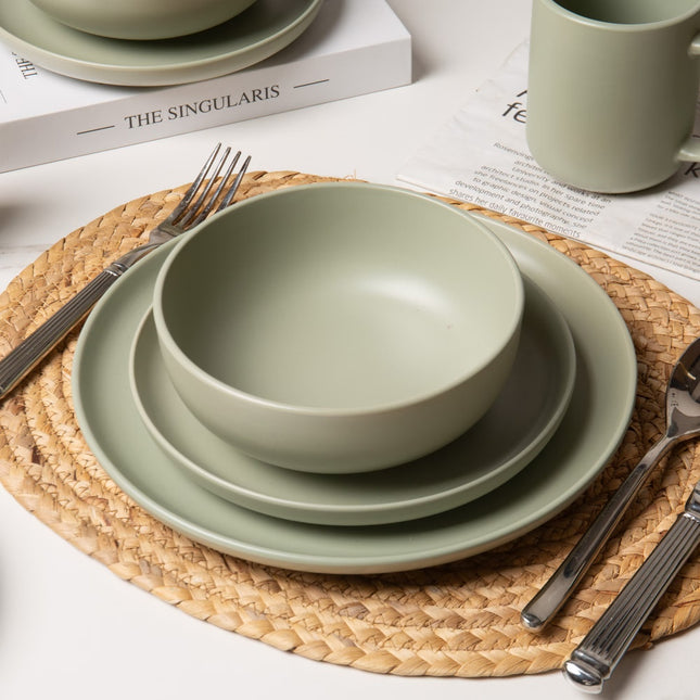 12-Piece Stoneware Dinnerware Sets With Mugs  Microwave & Dishwasher Safe  Non-Toxic Dinner Plates Bowls Set   Stackable Matte Glaze Kitchenware For 3