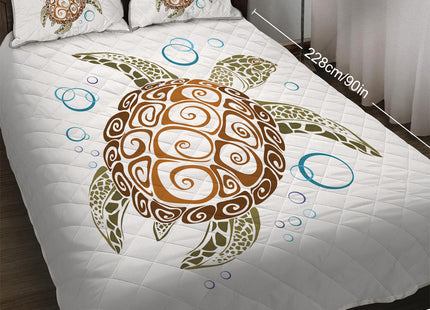 Sea Turtle Quilt Set Gold - Summer Lightweight Bedspread - Teen Beach Turtle Pattern - Soft Kids Teen Bed Coverlet Includes 1 Quilt And 2 Shams
