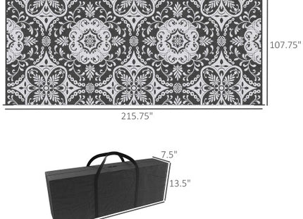 Outsunny Reversible Outdoor Rug, 9 X 18 Waterproof Plastic Straw Floor Mat, Portable RV Camping Carpet With Carry Bag, Large Floor Mat For Backyard, Deck, Picnic, Beach, Gray  White Floral