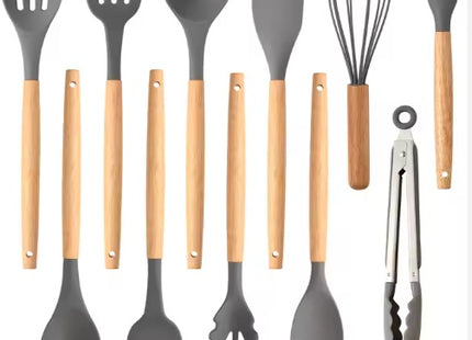 Non-Stick Silicon 12 Pcs Heat Resistant Wooden Handle Kitchen Cooking Utensils Set, Gray Color