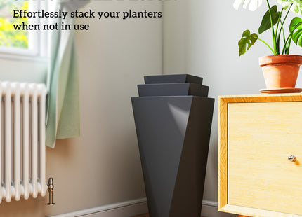 Indoor Outdoor Planters Set of 3 MgO Tall Planters Stackable Flower Pots with Drainage Holes for Garden, Balcony, Black