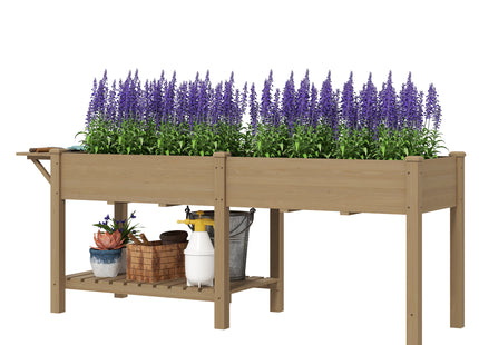Wood Raised Garden Box, Elevated Garden Bed with Side Table, Bottom Shelf, Bed Liners and Drainage Holes, Carbonized