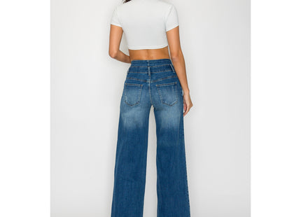 Women's Medium Blue Elastic Waist Jeans - Wide Leg Casual Denim