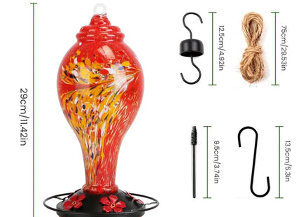 Glass Hummingbird Feeder 33OZ Hand Blown Hummingbird Feeder With 5 Flower Feeding Port Perch Ant Moat Hanging Hook S Hook Hemp Rope Cleaning Brush For Garden Backyard Decor