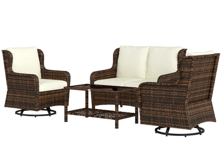 4 Piece Rattan Patio Furniture Set, Conversation Set with Swivel Glider Chairs Table Loveseat for Garden, Patio, Cream