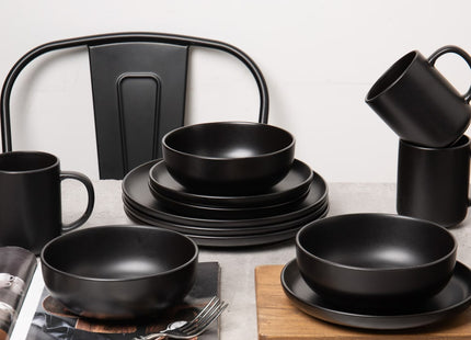 12-Piece Stoneware Dinnerware Sets With Mugs   Microwave & Dishwasher Safe    Non-Toxic Dinner Plates Bowls Set   Stackable Matte Glaze Kitchenware For 3,Black