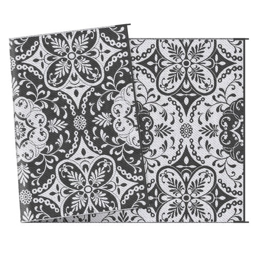 Outsunny Reversible Outdoor Rug, 9 X 18 Waterproof Plastic Straw Floor Mat, Portable RV Camping Carpet With Carry Bag, Large Floor Mat For Backyard, Deck, Picnic, Beach, Gray  White Floral