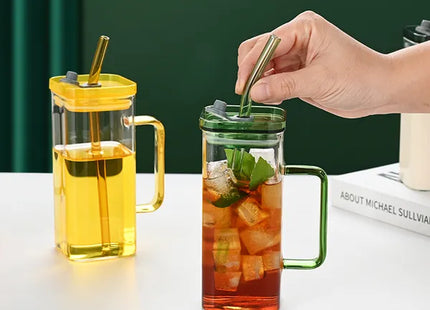 1 Pcs Green Glass Straw Cup, 6 Colors Square Glass Cup With Straw And Lid, High Borosilicate Glass Cup, Milk Cup, Juice Cup, Cold Drink Cup, Coffee Cup, Tea Cup, Office Cup, Gift Cup