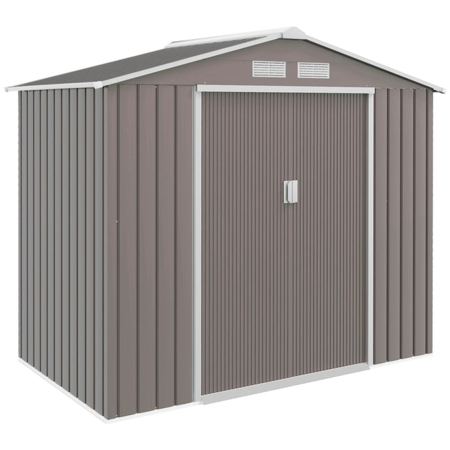 7' x 4' x 6' Outdoor Storage Shed Metal Garden Tool Storage Shed with Sloped Roof - Gray / White