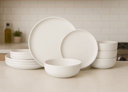 12-Piece Stoneware Dinner Plates Bowls Sets  Microwave & Dishwasher Safe   Non-Toxic Dinner Plates Bowls Set    Stackable Matte Glaze Kitchenware For 4