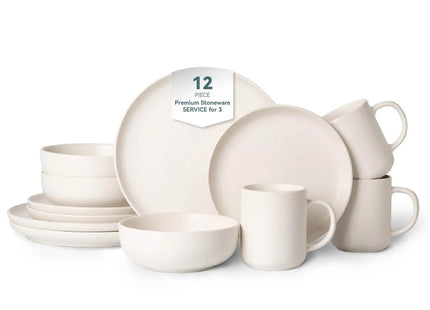 12-Piece Stoneware Dinnerware Sets With Mugs  Microwave  Dishwasher Safe  Non-Toxic Dinner Plates Bowls Set  Stackable Matte Glaze Kitchenware For 3