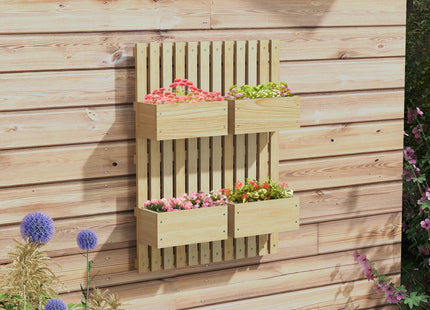 4 Box Raised Garden Bed w/ Trellis for Climbing Plants, Wall-Mounted Wood Planters w/ Drainage Holes, Natural