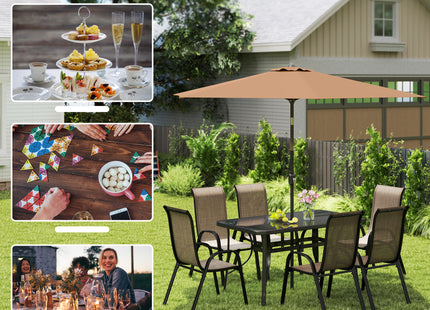 8 Pieces Patio Furniture Set with 9Ft Patio Umbrella, Outdoor Dining Table and Chairs, Light Mixed Brown